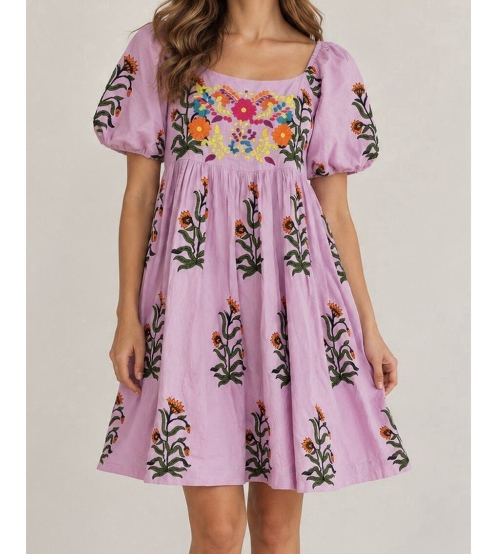 Sister Mary Dress XS Lilac Floral Embroidered Cotton Puff Sleeve Boho Babydoll